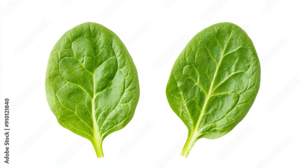 Halved spinach leaves with a focus on their delicate, crinkled surface and fresh appearance. Isolated on a white background for simplicity Halved spinach leaves with a focus on their delicate, crinkled surface and fresh appearance. Isolated on a white background for simplicity