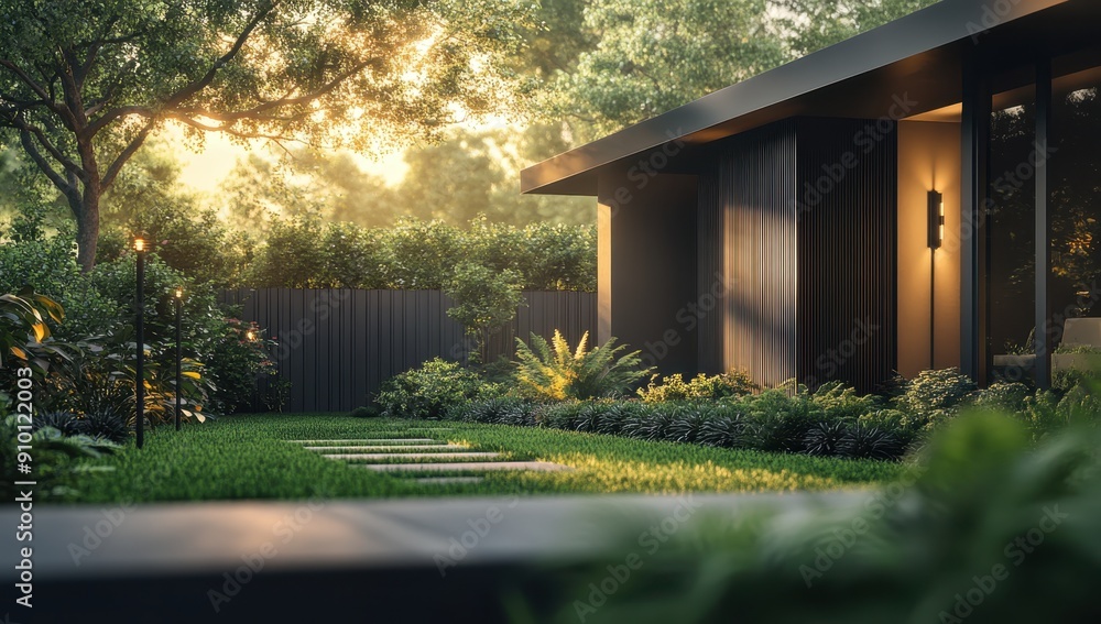 Obraz premium A modern house with an attractive dark grey fence, set against the backdrop of lush green trees and grass
