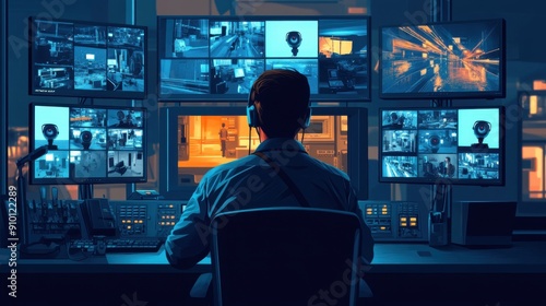 Guard Monitoring Surveillance Footage in CCTV Control Room