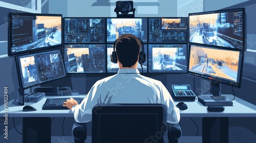 Guard Monitoring Surveillance Footage in CCTV Control Room