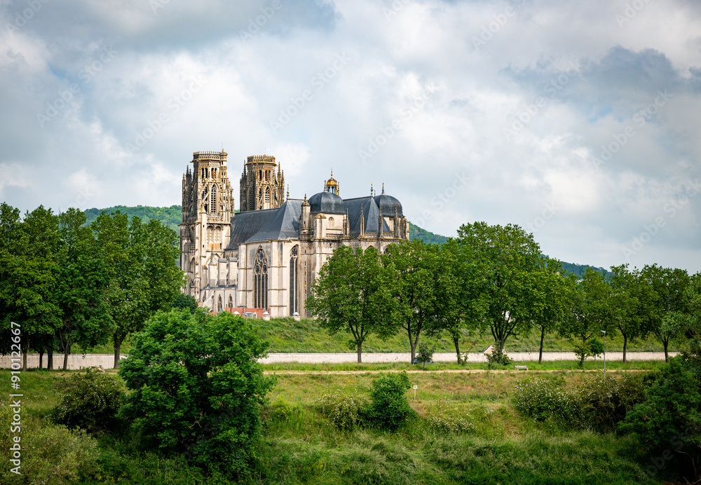 Distant view of the Cathedral of Toul from the bridge over the Moselle