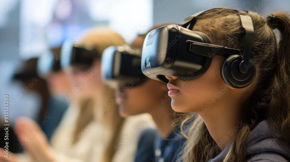 Students wearing VR headsets immerse themselves in a virtual learning environment exploring interactive simulations and educational games with a teacher guiding them through the experience this Students wearing VR headsets immerse themselves in a virtual learning environment exploring interactive simulations and educational games with a teacher guiding them through the experience this