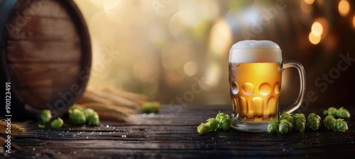 Golden Beer Mug With Frothy Head by Wooden Barrel on Rustic Table