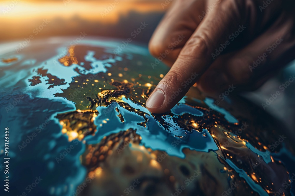 A close-up of a hand pointing at Europe on a globe, indicating travel plans or navigation A close-up of a hand pointing at Europe on a globe, indicating travel plans or navigation