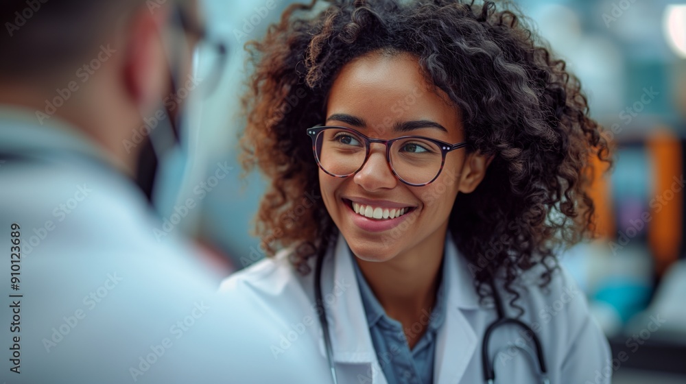 A smiling doctor with glasses in a hospital setting, engaging in a conversation with a colleague, wearing a stethoscope. A smiling doctor with glasses in a hospital setting, engaging in a conversation with a colleague, wearing a stethoscope.