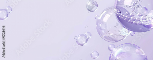 cosmetics advertising banner. Hyaluronic acid skin solutions ad, collagen serum, oil drops. Abstract texture of transparent liquid balls on light lilac background. Collagen Hydrolysate. Copy space