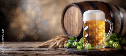 Golden Beer Mug With Frothy Head by Wooden Barrel on Rustic Table