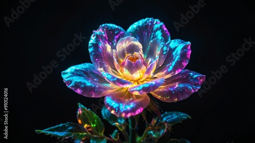 a tiny iridescent silver flower isolated on a black ba background