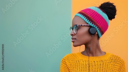 Young Woman Enjoying Winter Outdoors in Cozy Sweater With Headphones Near Hol...