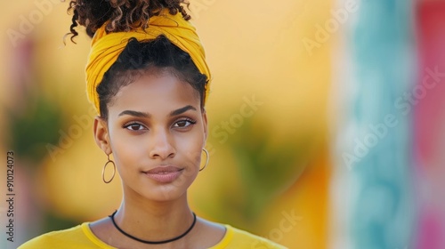 Smiling Woman in Yellow Top on a Sunlit Tropical Pathway