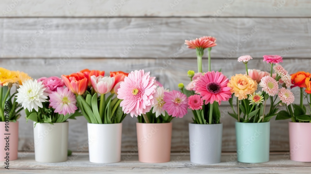 Colorful Variety of Fresh Flowers Arranged on Wooden Background Colorful Variety of Fresh Flowers Arranged on Wooden Background