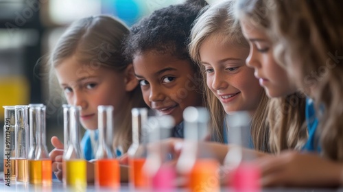 Elementary school students in a bright classroom focusing intently on a hands-on science experiment with a teacher guiding them the excitement and curiosity in their expressions reflect the joy of