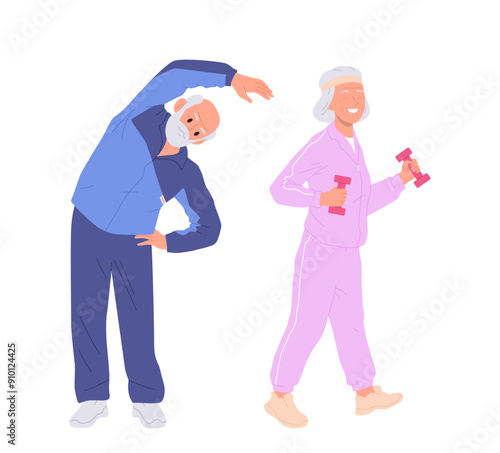 Senior man and elderly woman characters enjoying healthy lifestyle doing sport training workout