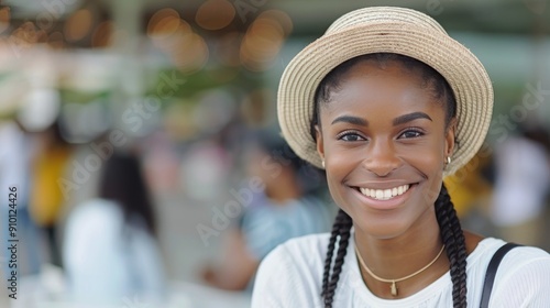 Smiling Woman in Straw Hat Enjoying a Sunny Day at Outdoor Gathering
