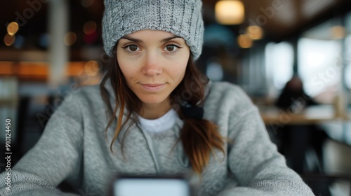 Young Woman Engaged With Smartphone in Cozy Cafe During Daytime