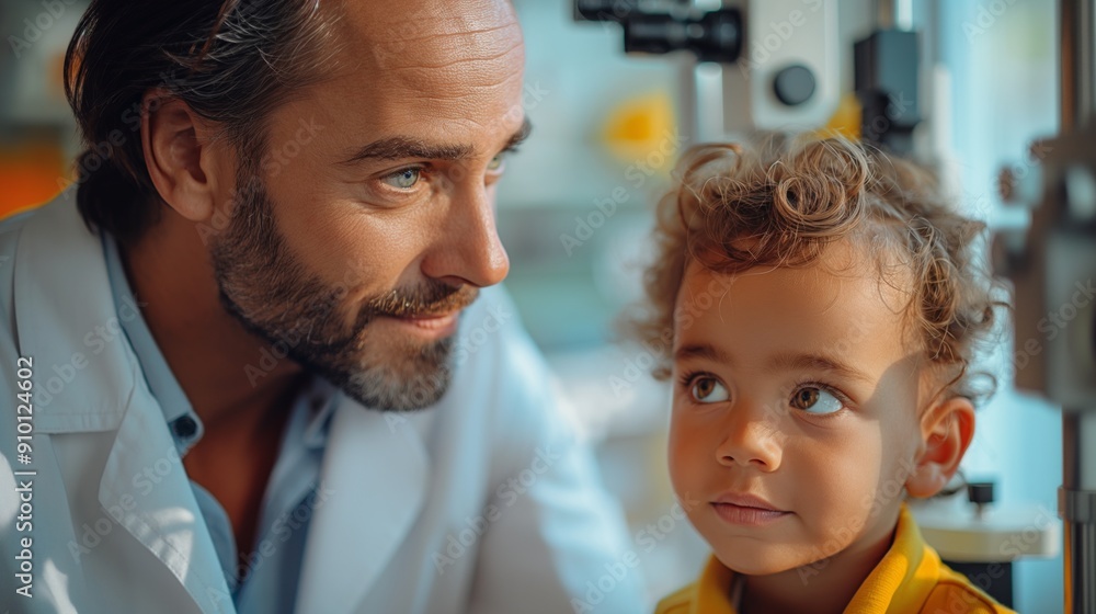 A smiling optometrist conducts an eye exam for a curly-haired child in a clinic, creating a warm and friendly atmosphere. A smiling optometrist conducts an eye exam for a curly-haired child in a clinic, creating a warm and friendly atmosphere.