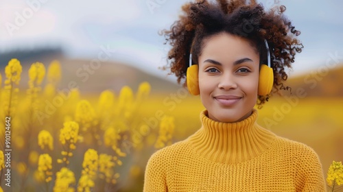 Young Woman Enjoying Winter Outdoors in Cozy Sweater With Headphones Near Hol...