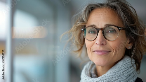Smiling Woman in Gray Scarf Posing Indoors With Soft Natural Light