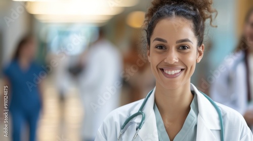 Confident Female Doctor Smiling While Standing in Hospital Corridor During Da...