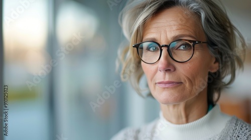 Smiling Woman in Gray Scarf Posing Indoors With Soft Natural Light