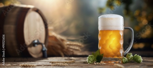 Golden Beer Mug With Frothy Head by Wooden Barrel on Rustic Table