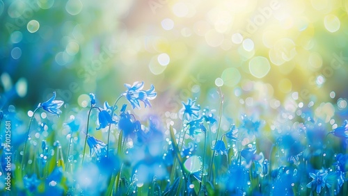 Foggy dawn in a forest glade with flowers. Summer landscape