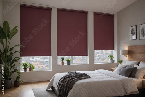 Burgundy blackout roller blind on windows in stylish modern badroom. Shutters on the plastic window.