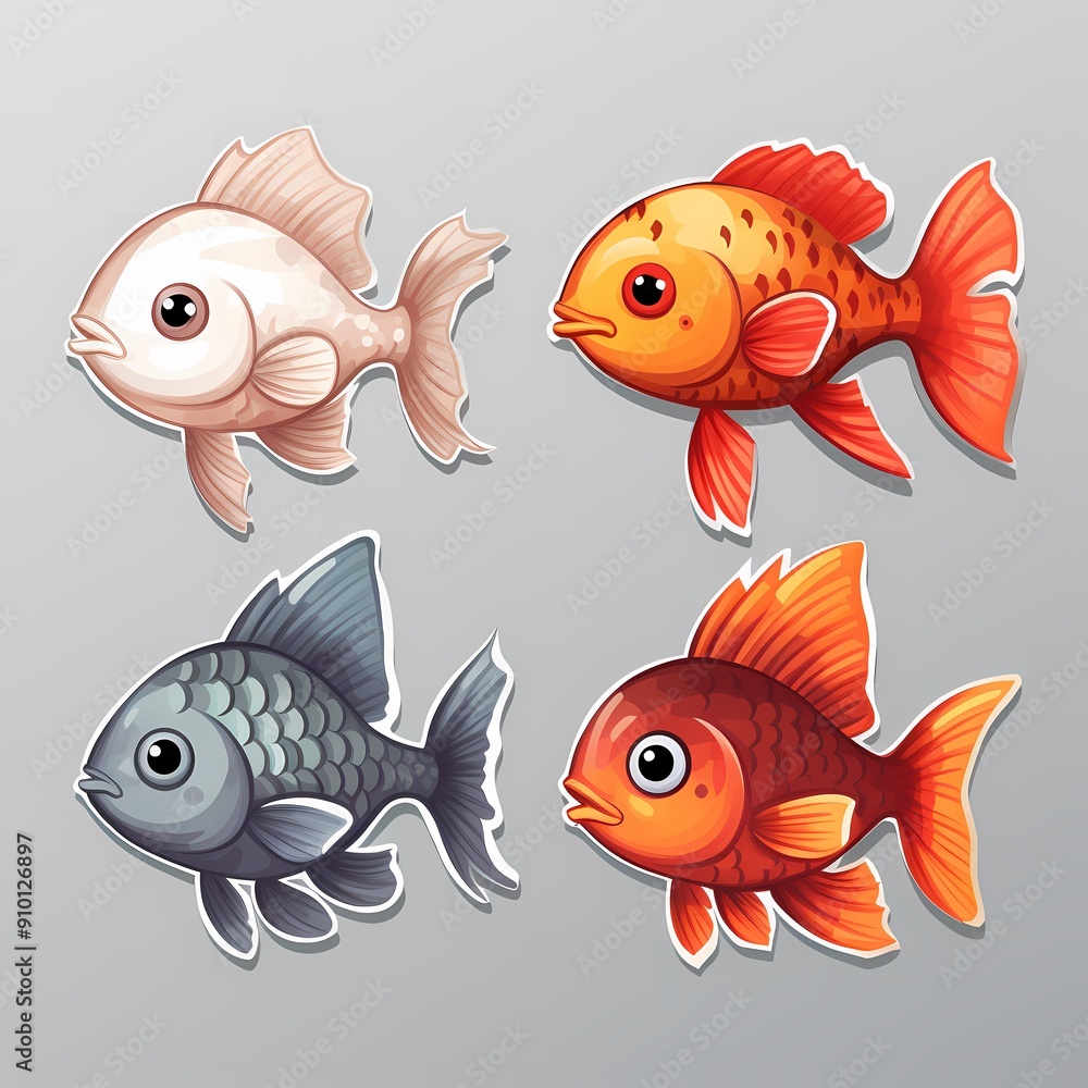 Fototapeta premium Colorful fish illustrations perfect for stickers, marine-themed designs, and children's books.