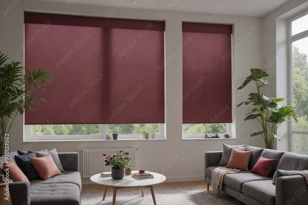 Burgundy blackout roller blind on windows in stylish modern living room. Shutters on the plastic window.