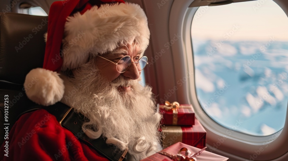 Obraz premium A man dressed as Santa Claus is sitting in an airplane window