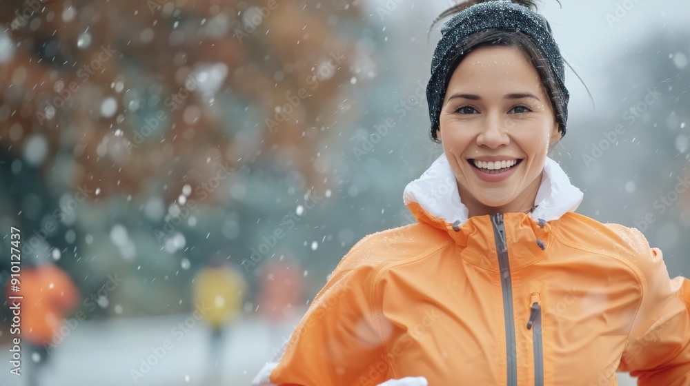 Smiling Woman Running in Snowy Park During Winter Afternoon Smiling Woman Running in Snowy Park During Winter Afternoon