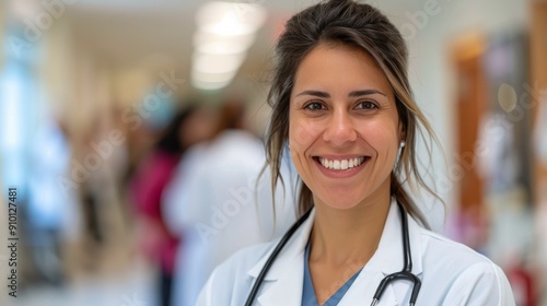 Confident Female Doctor Smiling While Standing in Hospital Corridor During Da...