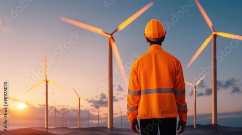 A worker in an orange jacket and helmet stands before wind turbines at sunset, highlighting renewable energy and sustainability.