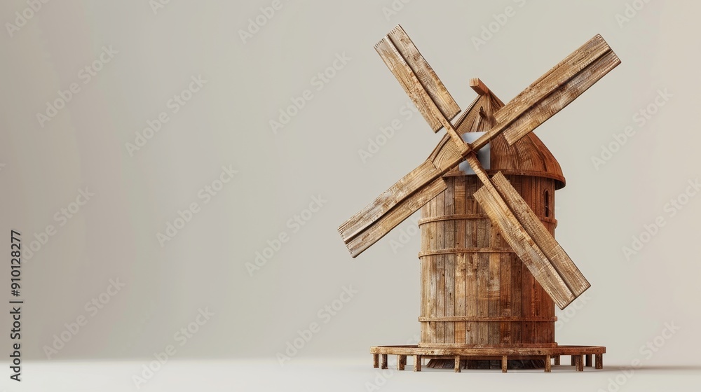Obraz premium Classic wooden windmill with detailed blades, isolated background, ideal for marketing use with ample space for text