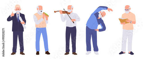 Senior mature man cartoon character professional job occupation, lifestyle and hobby activity set
