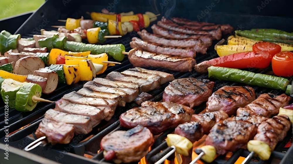 Grilled Meats and Vegetables on a Barbecue Grill Grilled Meats and Vegetables on a Barbecue Grill