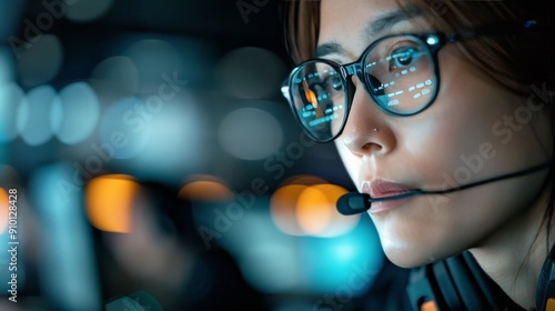 Woman With Glasses Concentrating in a Brightly Lit Room During Evening Hours
