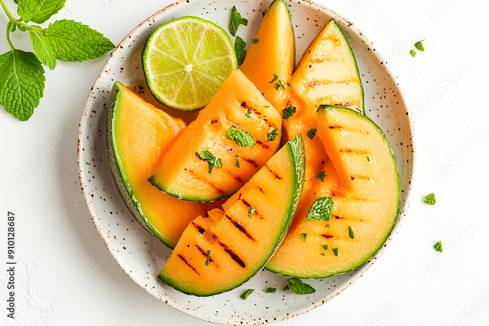 Grilled cantaloupe slices with mint and lime on white plate on white background, summer food styling concept Grilled cantaloupe slices with mint and lime on white plate on white background, summer food styling concept