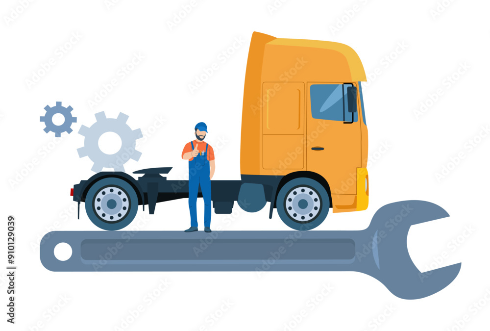 Fototapeta premium Concept illustration truck repair service. Mechanic gives thumbs up gesture. Vector illustration.