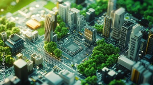 Circuit board design of the city, green trees and buildings in miniature.