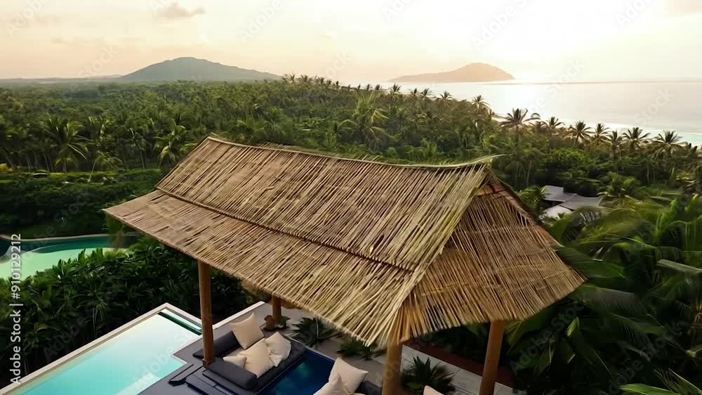 A luxurious villa features a thatched roof and pool, set amidst lush palm trees with a stunning ocean view at sunset A luxurious villa features a thatched roof and pool, set amidst lush palm trees with a stunning ocean view at sunset