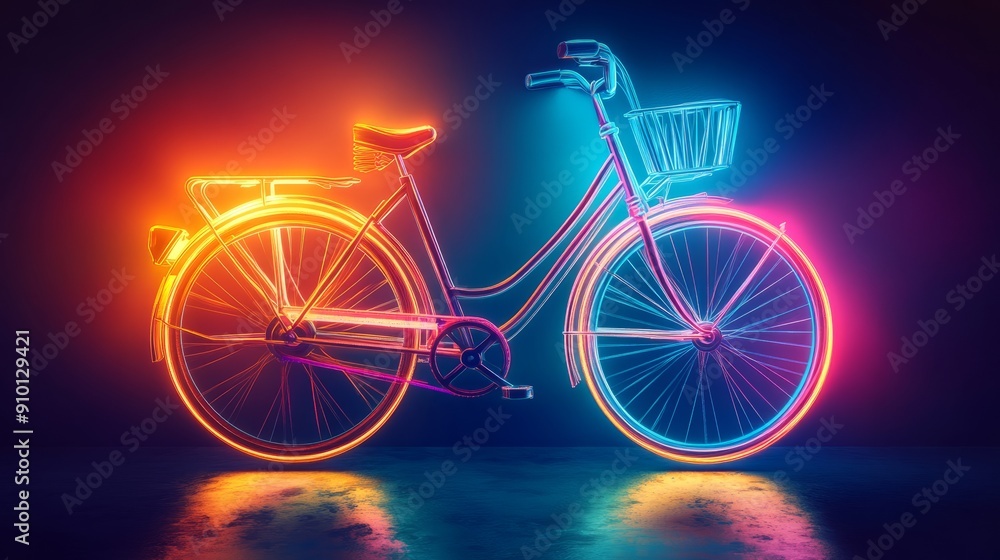 Fototapeta premium Vintage Bicycle Illustration with Glowing Neon Sign - Retro Vector Art