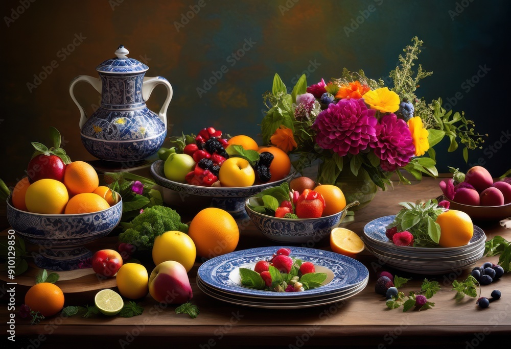 artistic arrangement colorful culinary delights intricate patterned surface showcasing gourmet presentation, backdrop, creative, cuisine, contrast artistic arrangement colorful culinary delights intricate patterned surface showcasing gourmet presentation, backdrop, creative, cuisine, contrast
