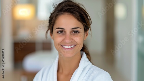 Happy Woman in Spa Robe Smiling at Wellness Center During Relaxing Day