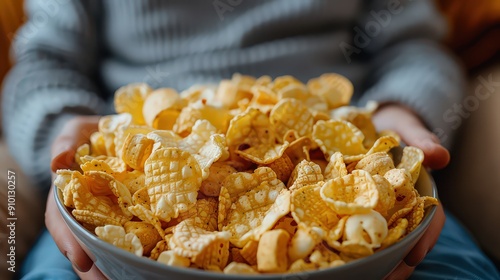  person mindlessly consuming unhealthy snacks while watching TV, illustrating the habit of eating without mindfulness. photo