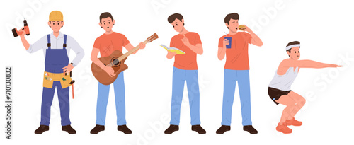 Young man cartoon character daily activity and lifestyle routine activity isolated on white
