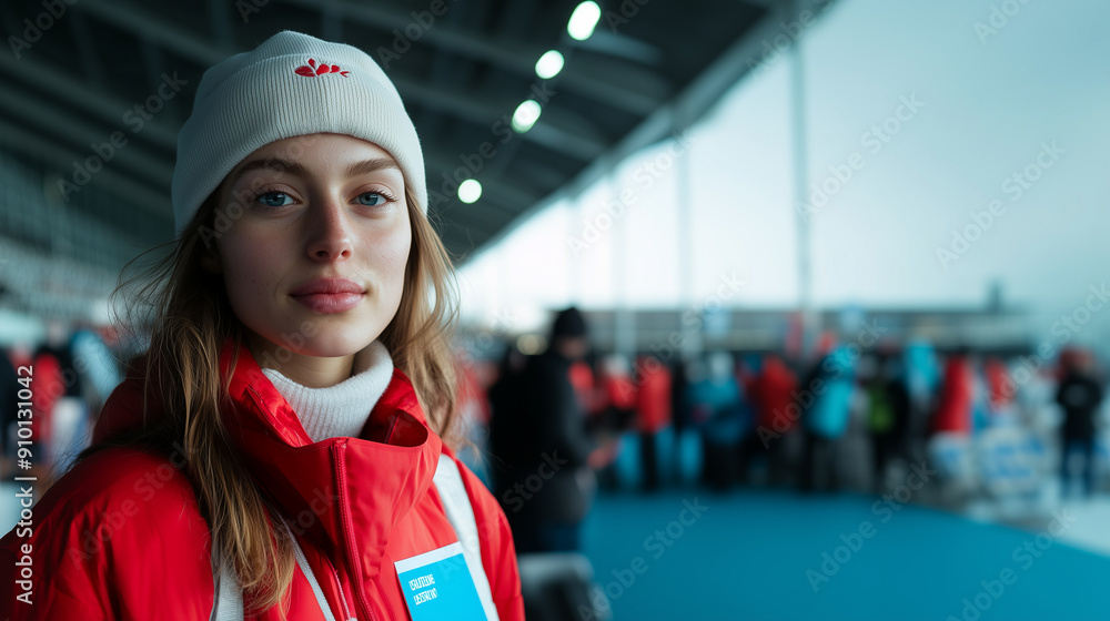 A woman wearing a red jacket and a white hat stands in front of a crowd A woman wearing a red jacket and a white hat stands in front of a crowd