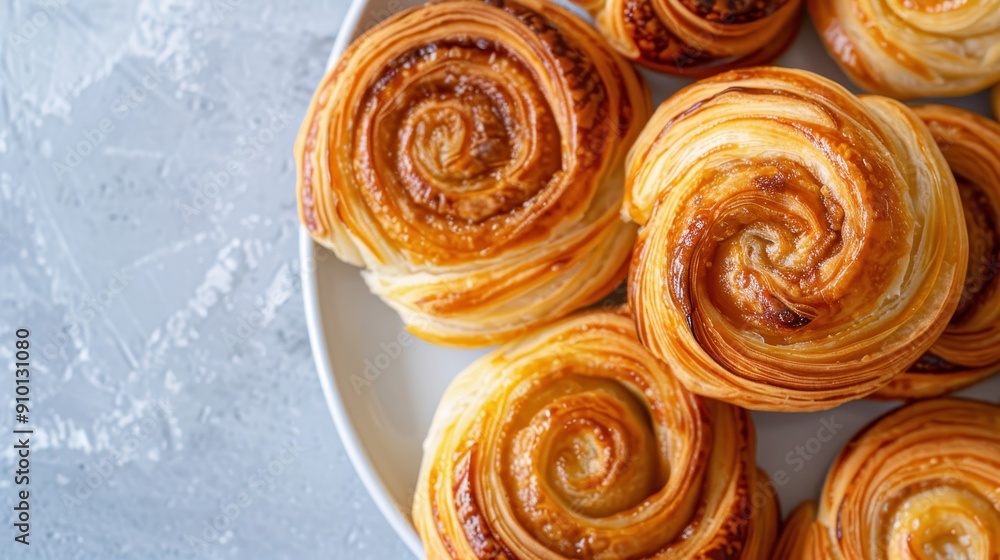 Freshly baked golden and flaky puff pastry cinnamon rolls served on a white plate, perfect for breakfast or brunch, top view. Freshly baked golden and flaky puff pastry cinnamon rolls served on a white plate, perfect for breakfast or brunch, top view.