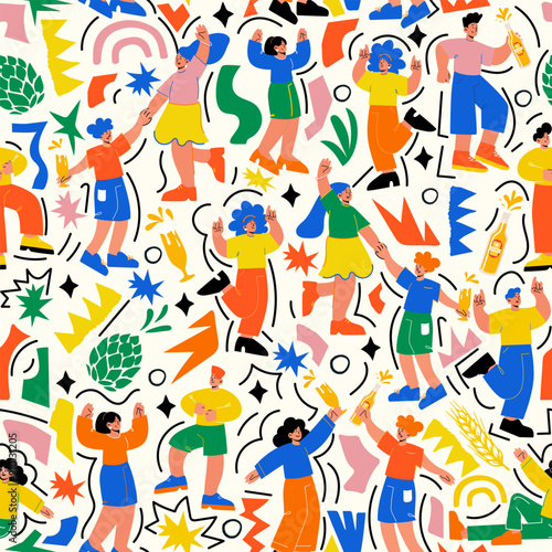 Seamless pattern for Festivals. Bright, modern design with dancing people in doodle style. Perfect for wraps, wallpapers, backgrounds, music, summer, food, and October festivals.