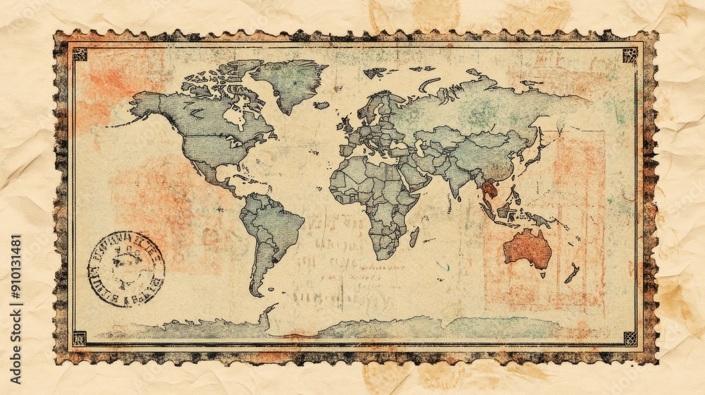 Fototapeta premium Vintage World Map Postage Stamp: A Unique Collectible
